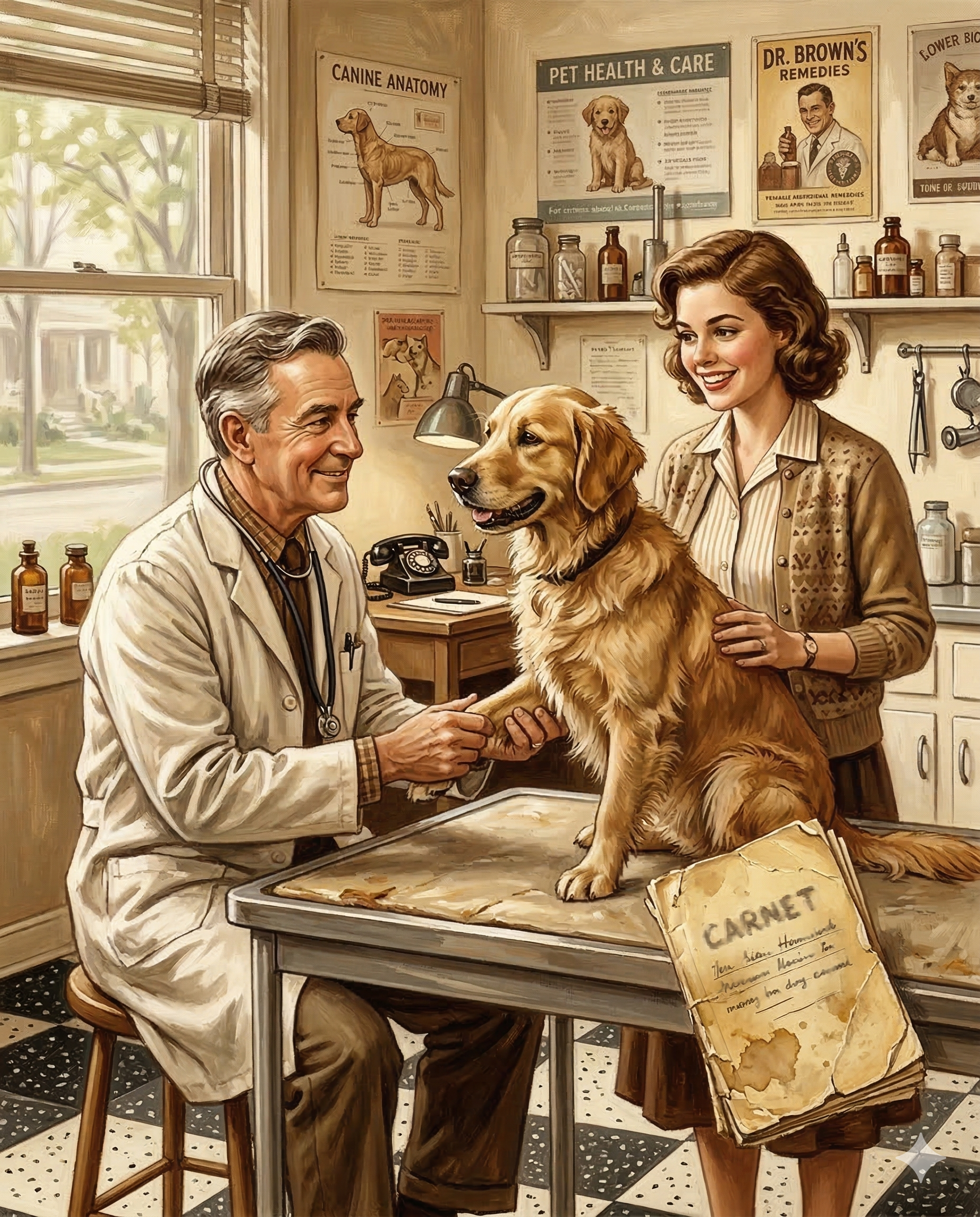 Veterinario de los años 50 examinando un golden retriever mientras la dueña sostiene un carnet de papel gastado