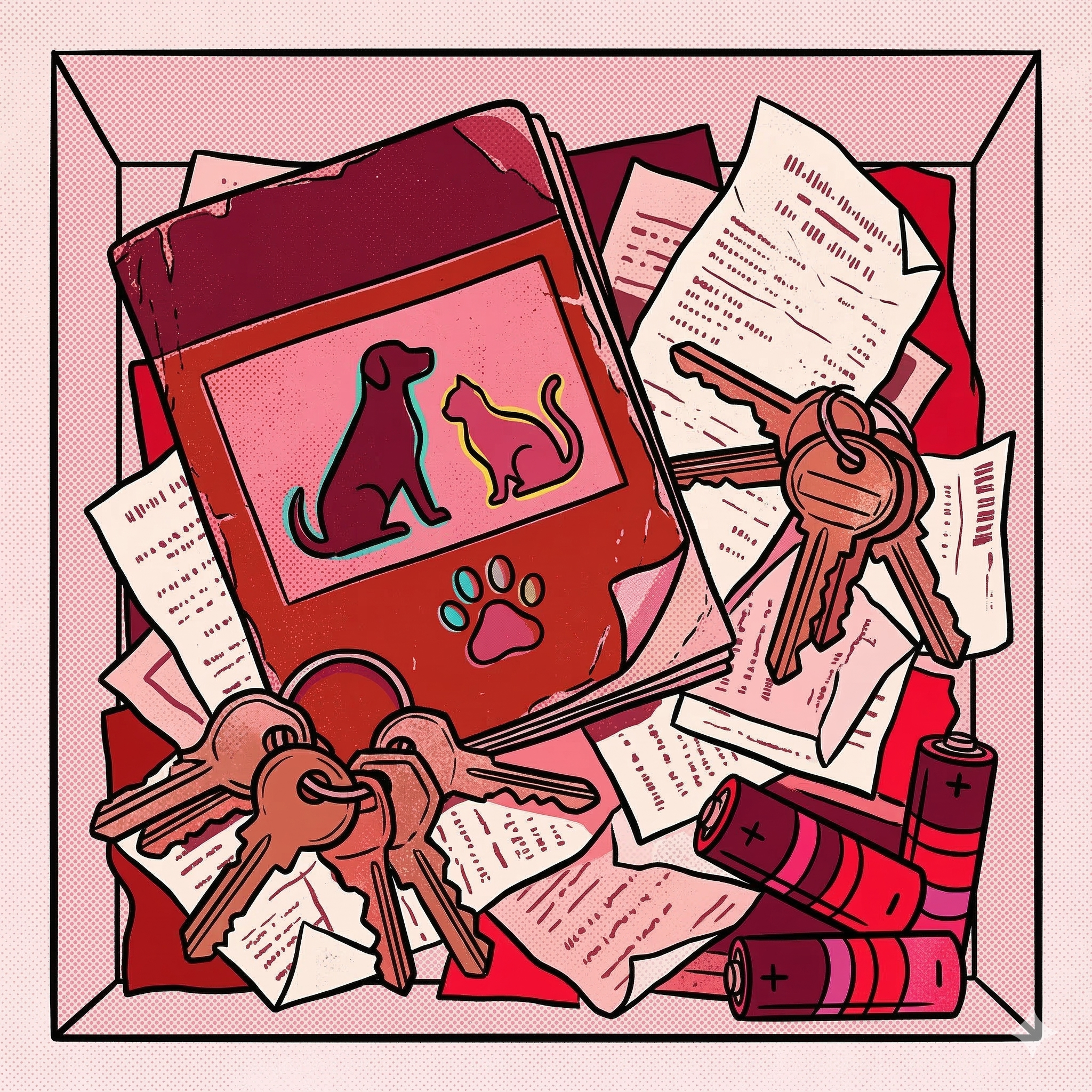 Carnet de mascota perdido en un cajón lleno de llaves y papeles