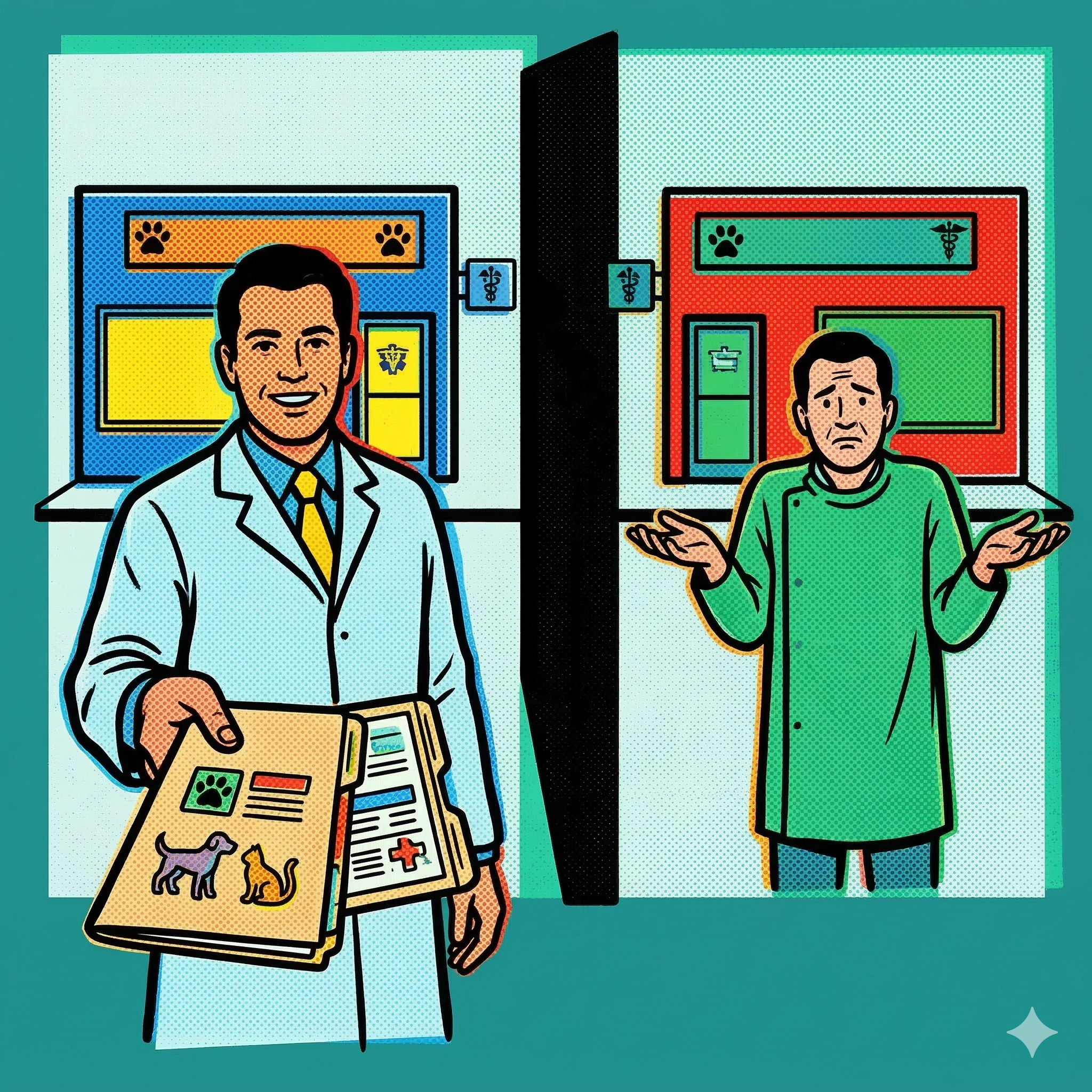 Dos veterinarios separados por una pared, uno con expediente y otro sin nada