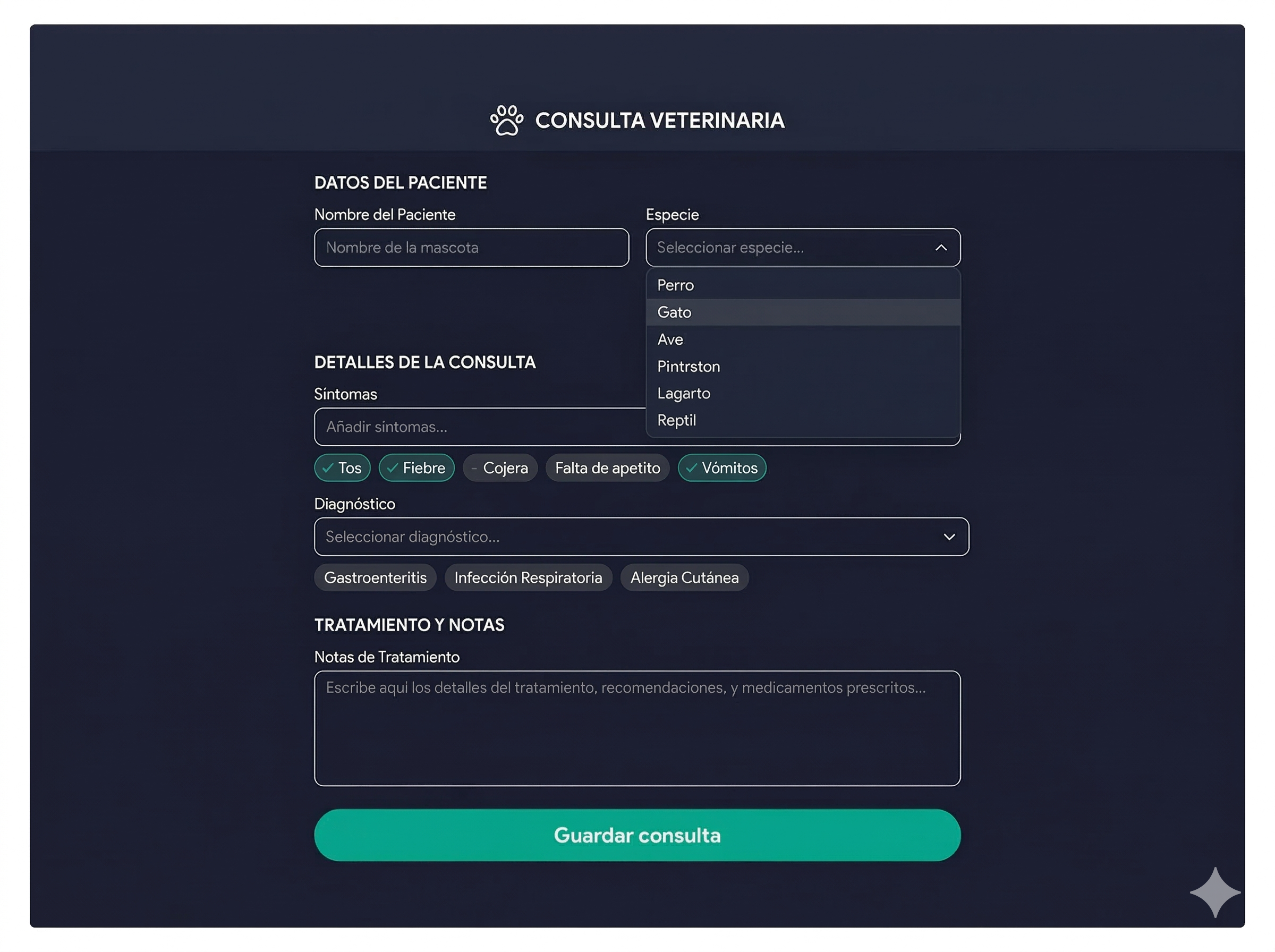 Formulario de consulta veterinaria con campos para paciente, síntomas y diagnóstico