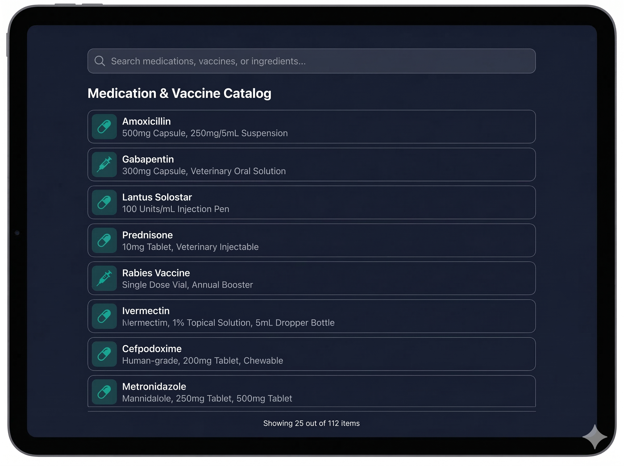 Catálogo de medicamentos y vacunas con búsqueda y listado