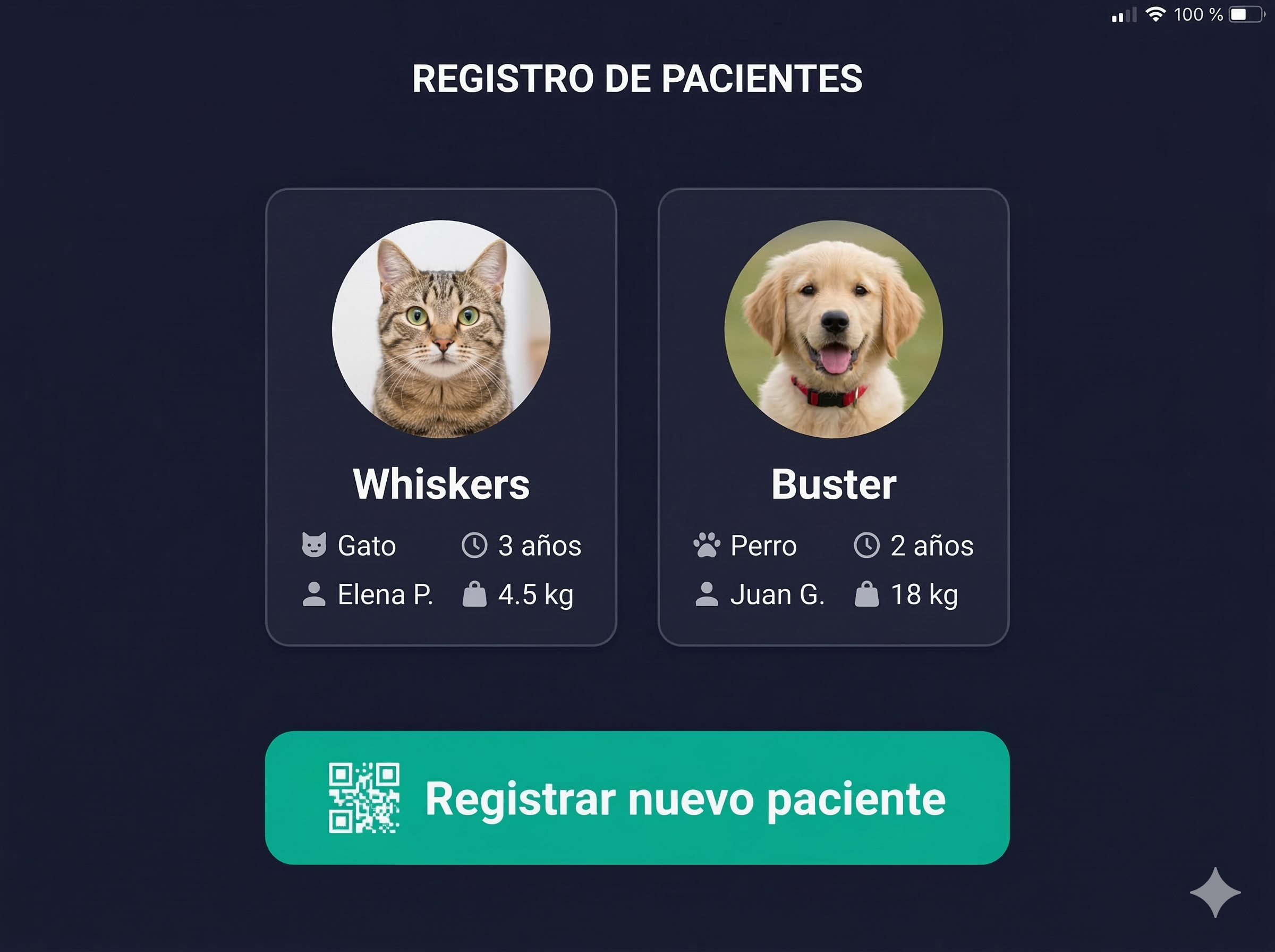 Pantalla de registro de pacientes con tarjetas de mascotas y botón de registro